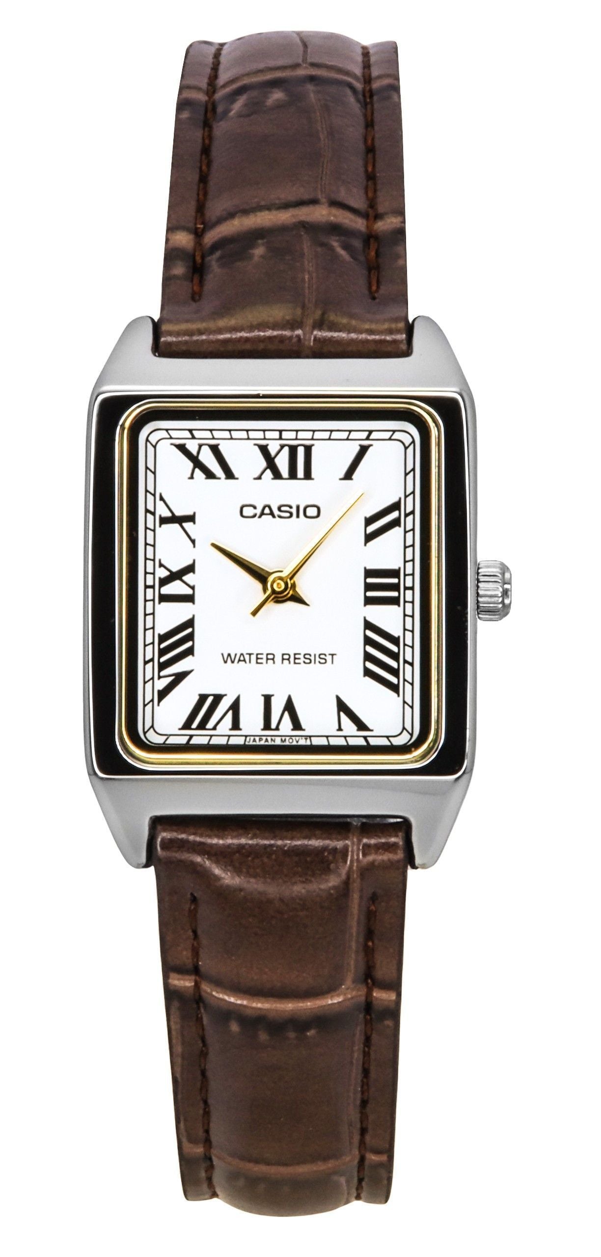 Casio Standard Analog Chrome Plated Lederarmband White Dial Quarz LTP-V007L-7B2 Damenuhr