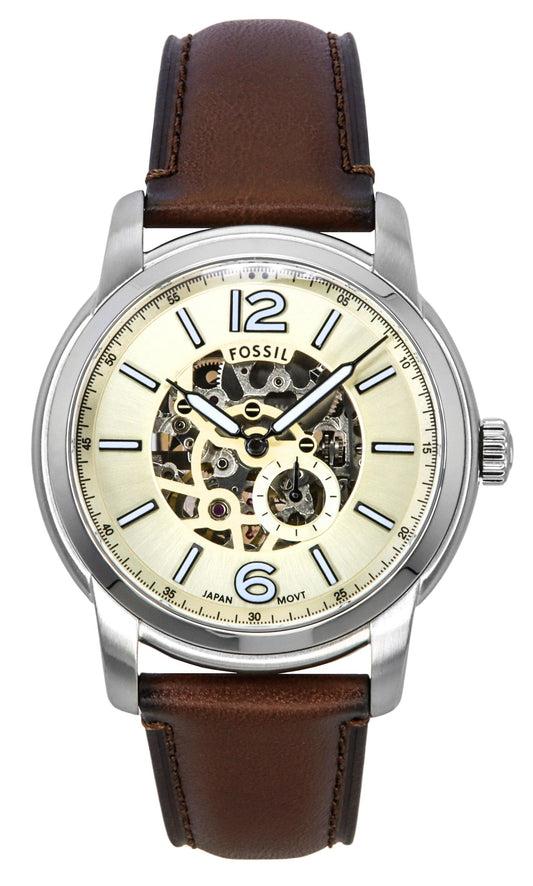 Fossil Heritage Brown Lederarmband Cream Skelett-Zifferblatt Automatik ME3264 Herrenuhr