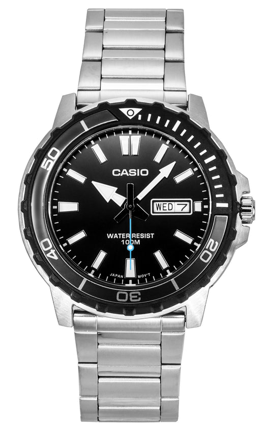 Casio Standard Analog Edelstahl Schwarzes Zifferblatt Quarz MTD-125D-1A3V 100M Herrenuhr