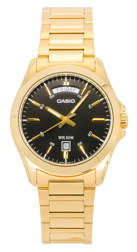 Casio Standard Analog Goldfarben Edelstahl Schwarzes Zifferblatt Quarz MTP-1370G-1AV Herrenuhr