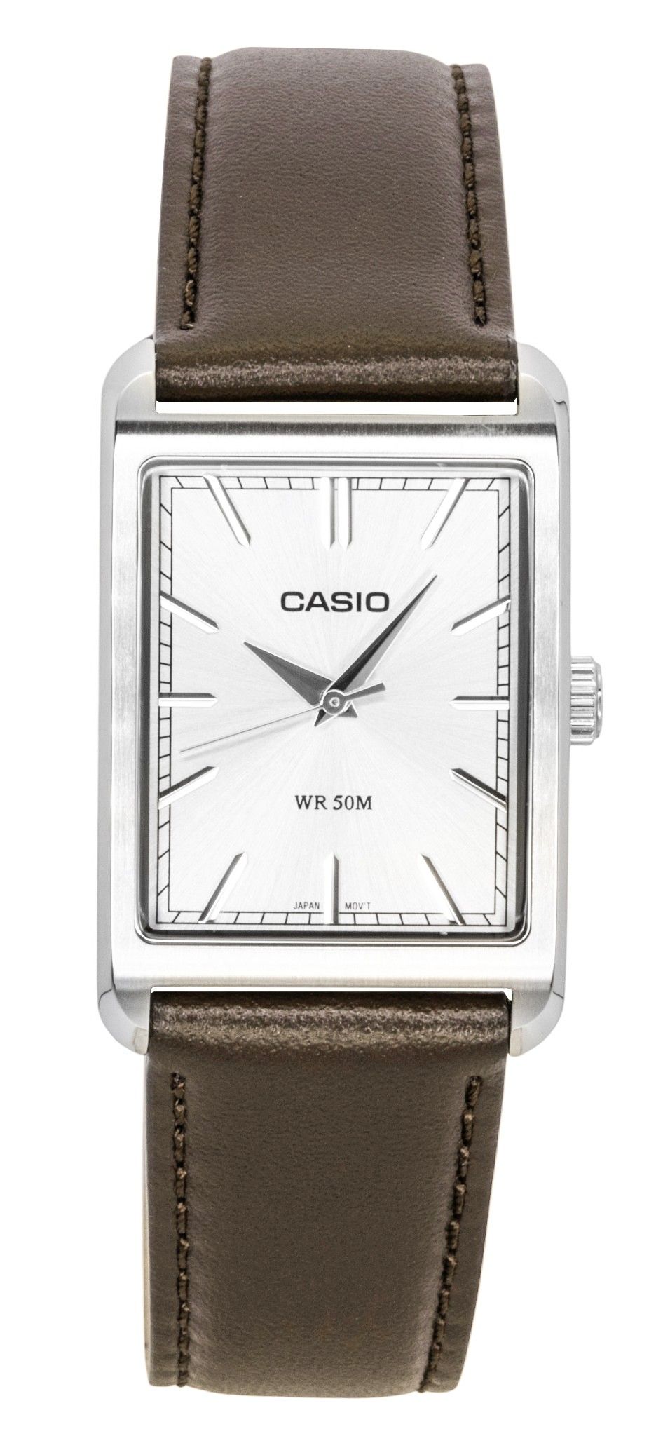 Casio Analog Lederarmband Silberfarbenes Zifferblatt Quarz MTP-B215L-7AV Herrenuhr