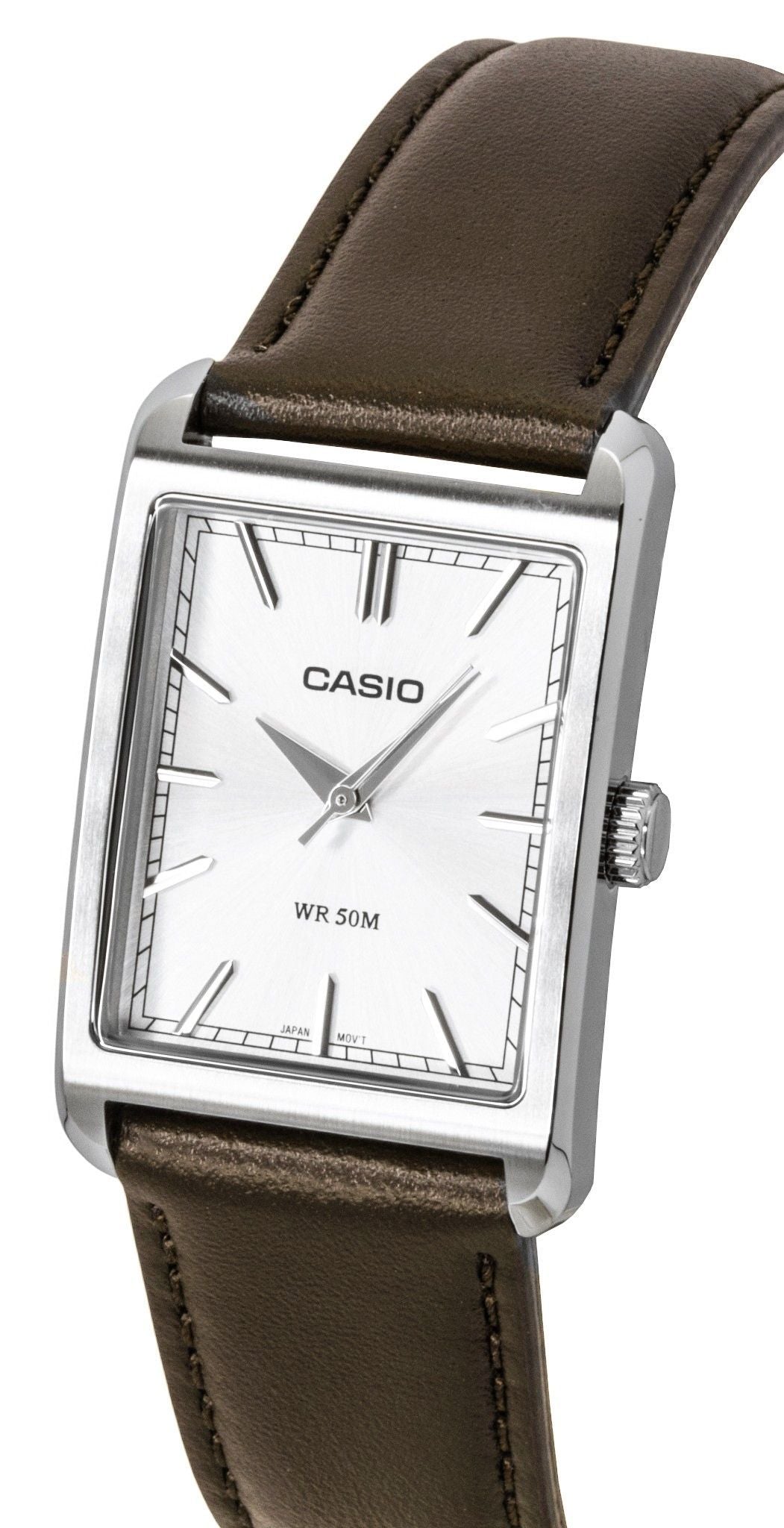 Casio Analog Lederarmband Silberfarbenes Zifferblatt Quarz MTP-B215L-7AV Herrenuhr