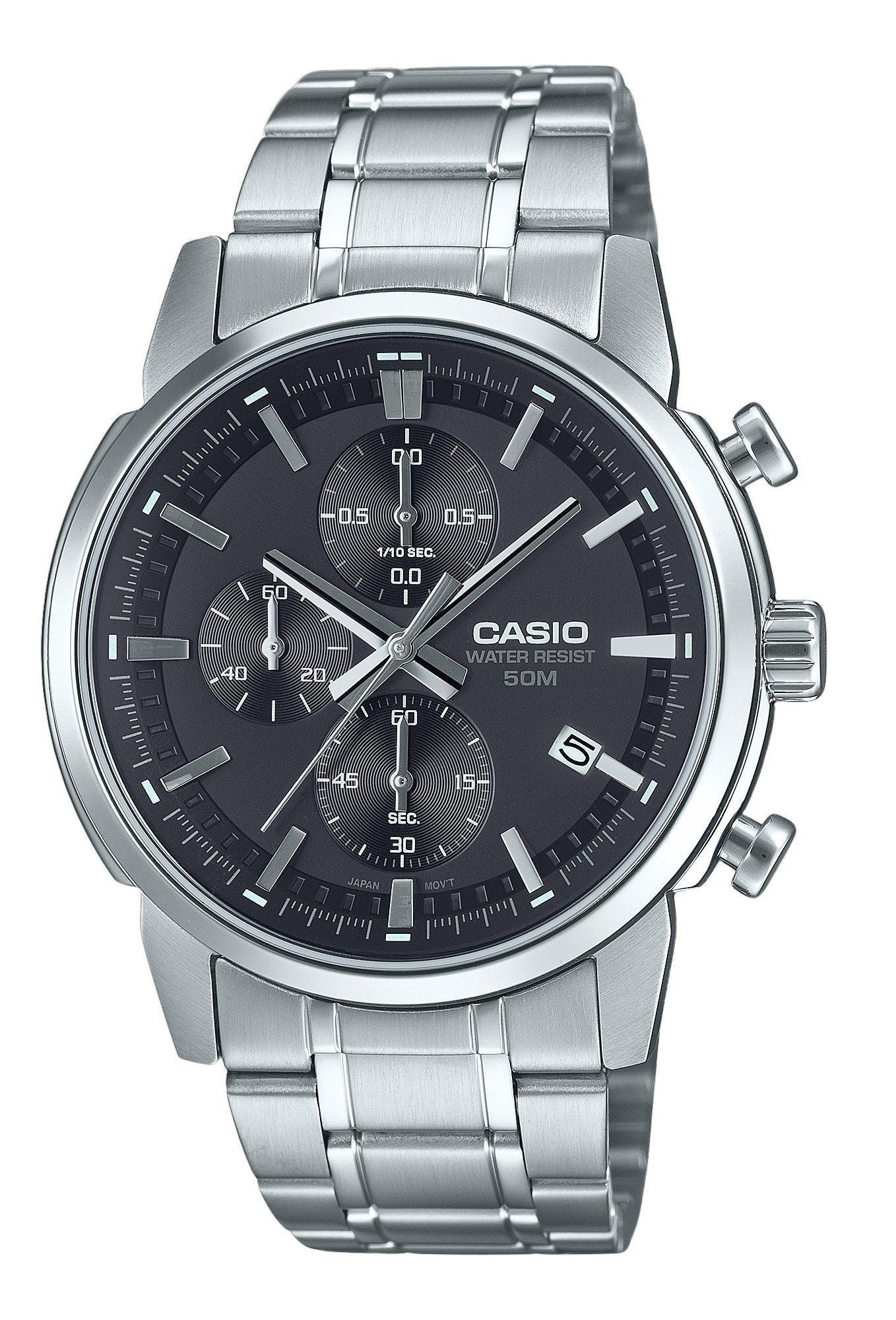Casio Standard Analog Chronograph Edelstahl Schwarzes Zifferblatt Quarz MTP-E510D-1A1V Herrenuhr