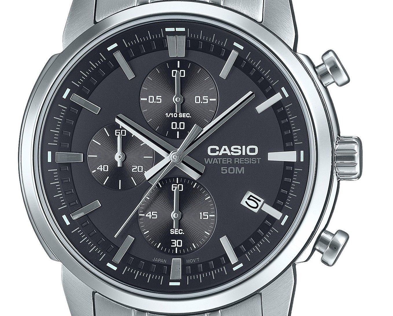 Casio Standard Analog Chronograph Edelstahl Schwarzes Zifferblatt Quarz MTP-E510D-1A1V Herrenuhr