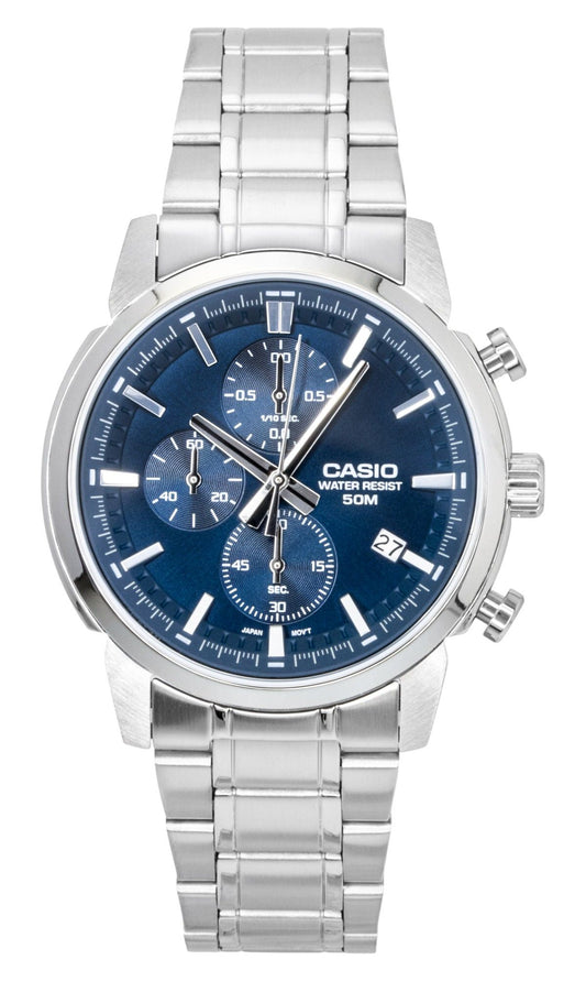 Casio Analog Chronograph Edelstahl Blaues Zifferblatt Quarz MTP-E510D-2A2V Herrenuhr