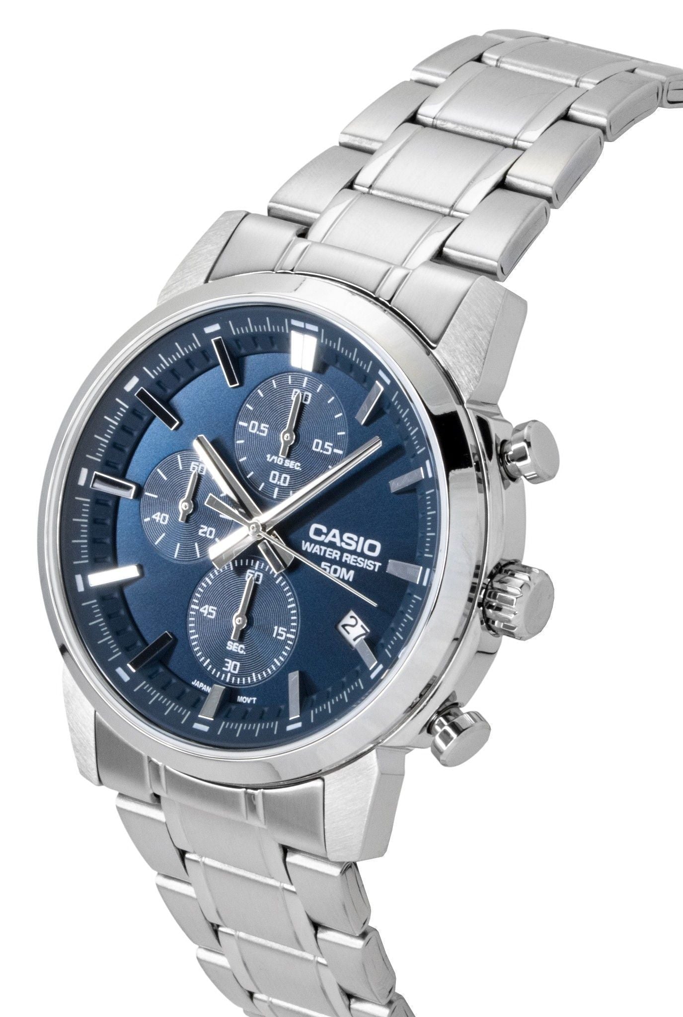 Casio Analog Chronograph Edelstahl Blaues Zifferblatt Quarz MTP-E510D-2A2V Herrenuhr