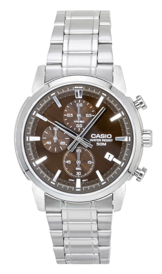 Casio Chronograph Analog Edelstahl Braunes Zifferblatt Quarz MTP-E510D-5AV Herrenuhr