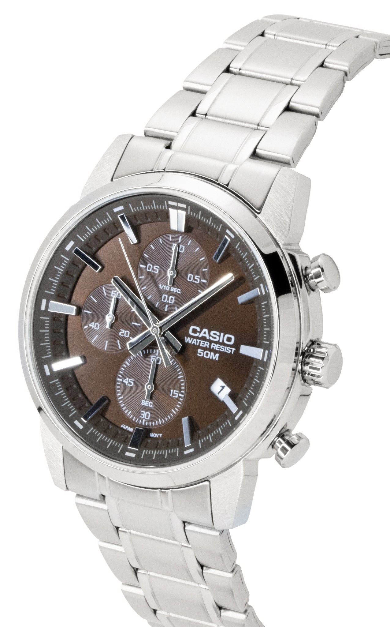 Casio Chronograph Analog Edelstahl Braunes Zifferblatt Quarz MTP-E510D-5AV Herrenuhr