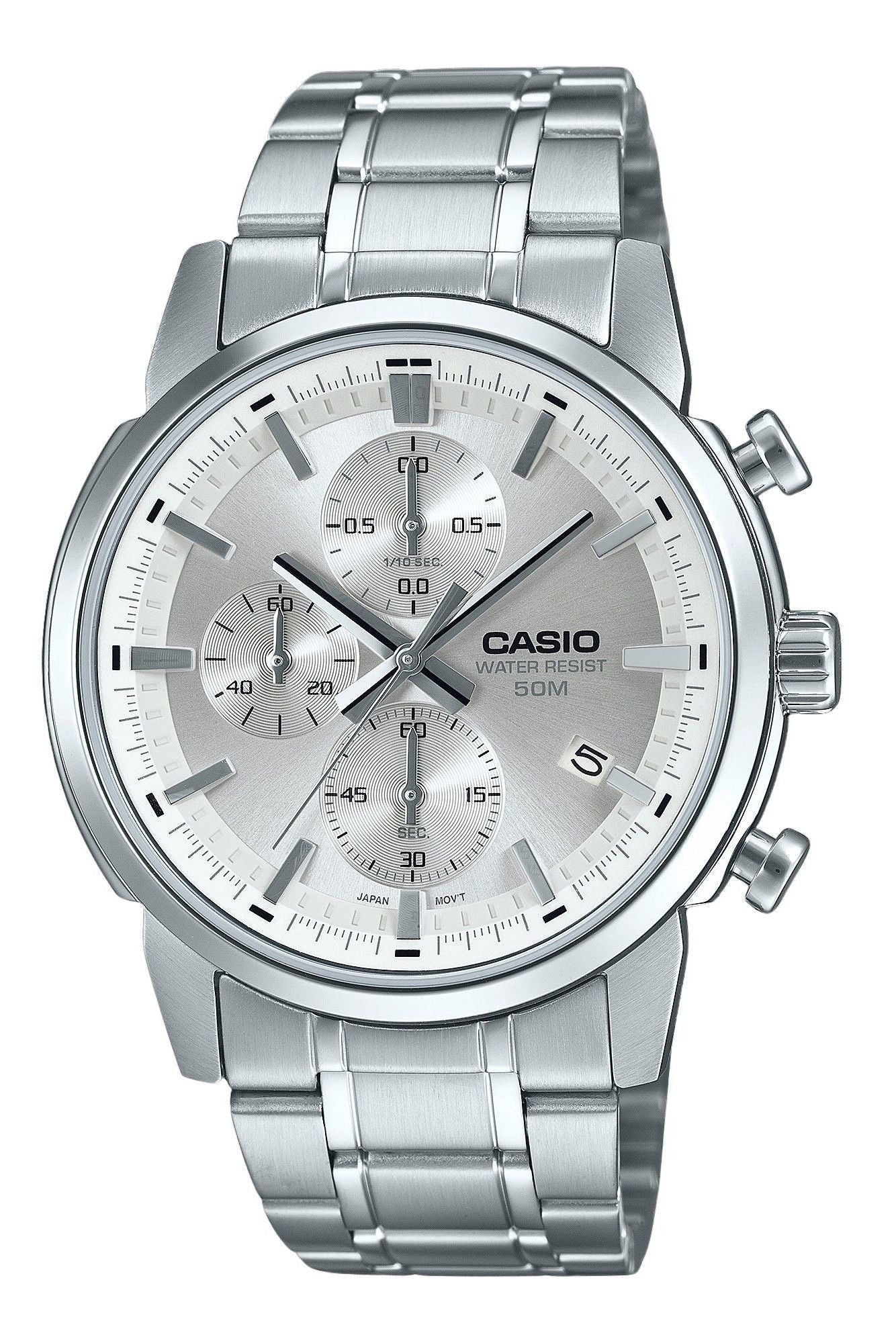 Casio Standard Analog Chronograph Edelstahl Silberfarbenes Zifferblatt Quarz MTP-E510D-7AV Herrenuhr