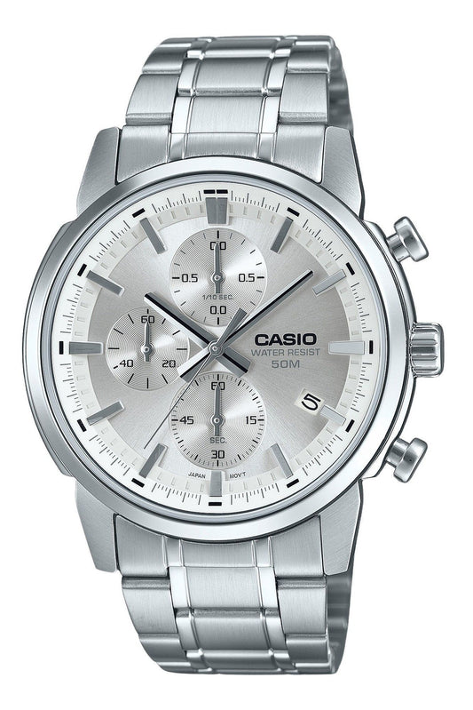 Casio Standard Analog Chronograph Edelstahl Silberfarbenes Zifferblatt Quarz MTP-E510D-7AV Herrenuhr