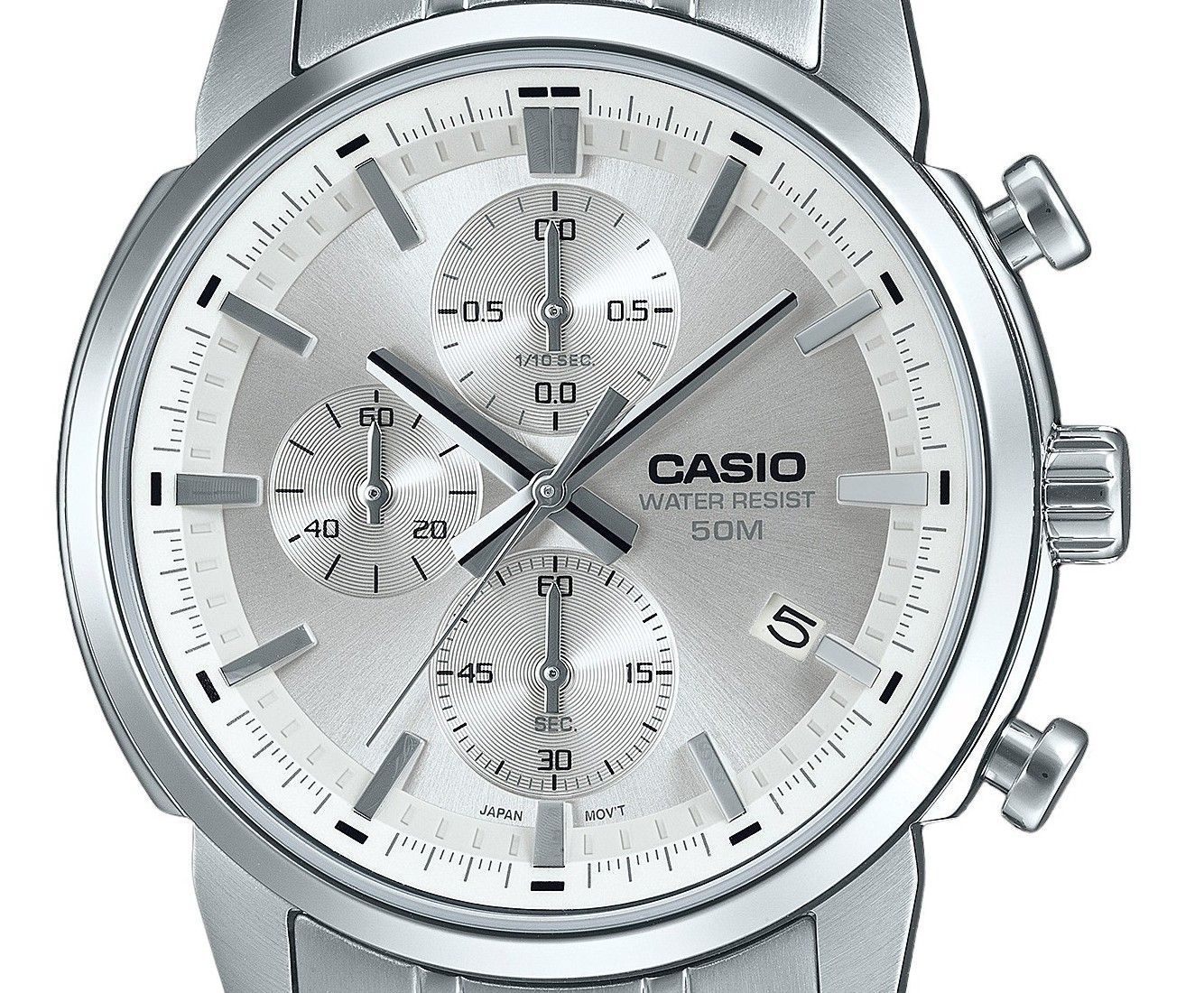 Casio Standard Analog Chronograph Edelstahl Silberfarbenes Zifferblatt Quarz MTP-E510D-7AV Herrenuhr