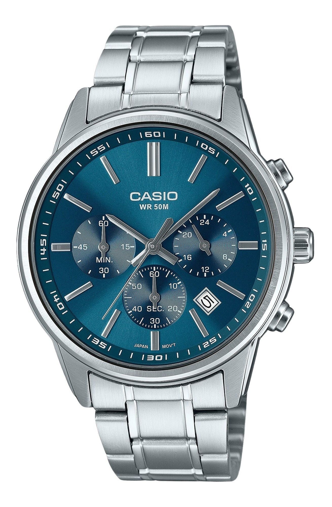 Casio Standard Analog Chronograph Edelstahl Blaues Zifferblatt Quarz MTP-E515D-2A1V Herrenuhr