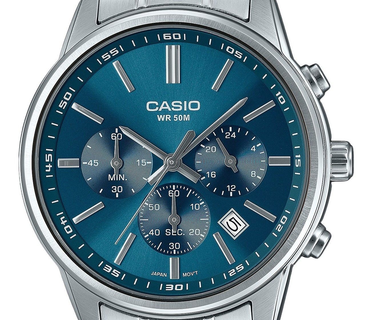 Casio Standard Analog Chronograph Edelstahl Blaues Zifferblatt Quarz MTP-E515D-2A1V Herrenuhr