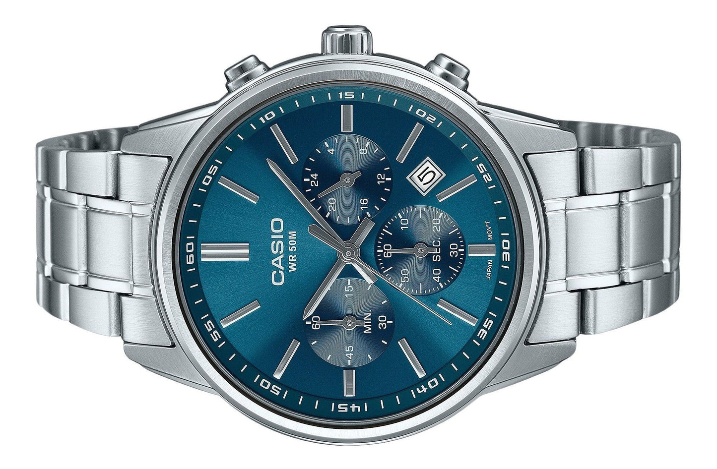 Casio Standard Analog Chronograph Edelstahl Blaues Zifferblatt Quarz MTP-E515D-2A1V Herrenuhr