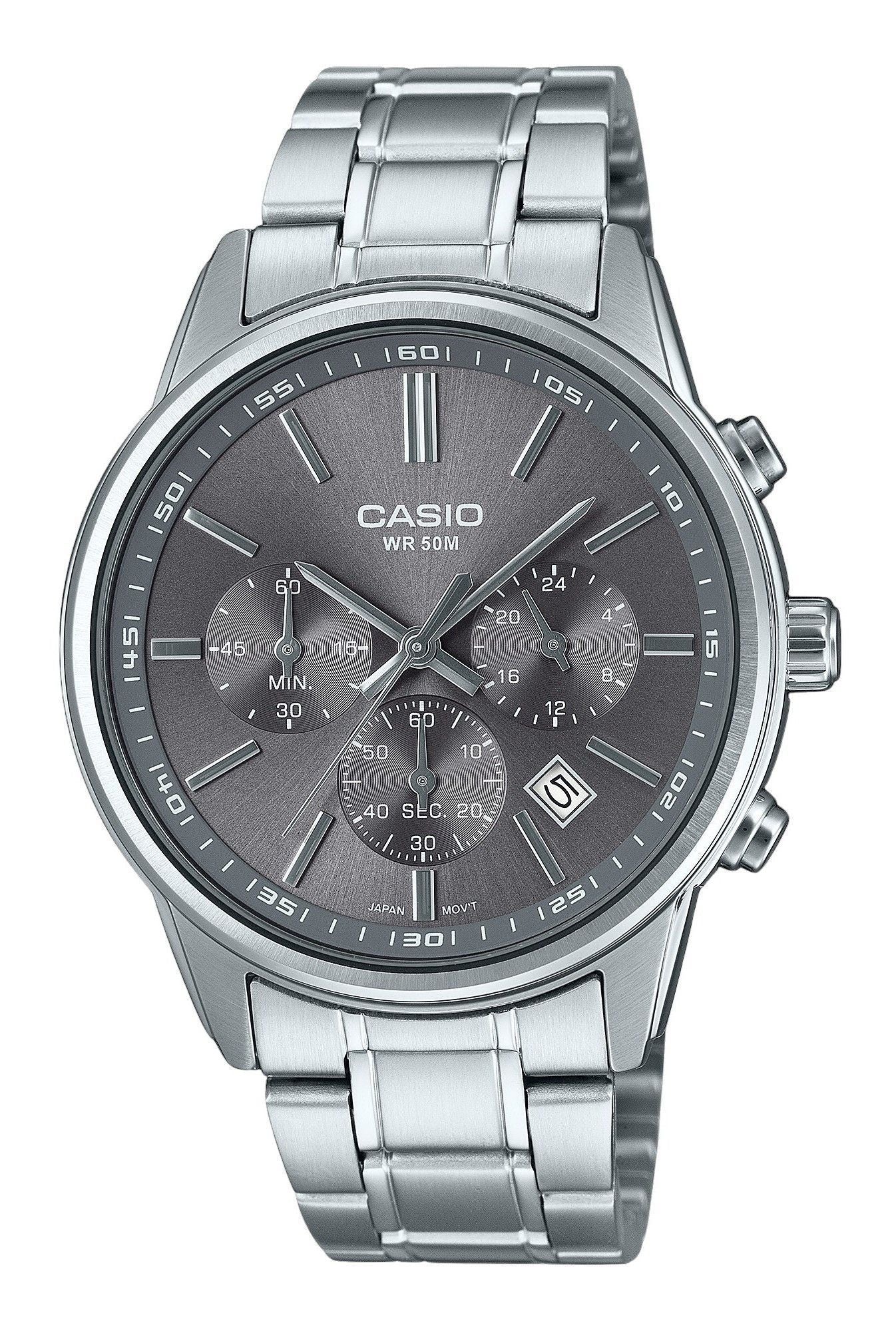 Casio Standard Analog Chronograph Edelstahl Graues Zifferblatt Quarz MTP-E515D-8AV Herrenuhr