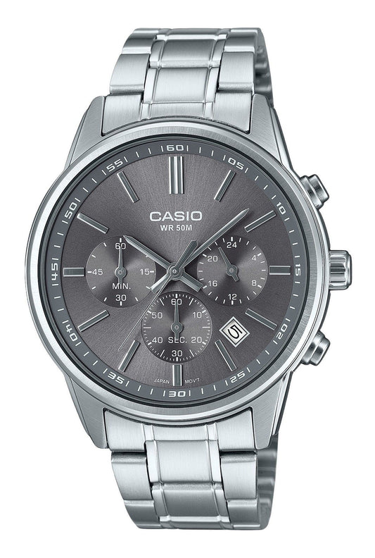 Casio Standard Analog Chronograph Edelstahl Graues Zifferblatt Quarz MTP-E515D-8AV Herrenuhr