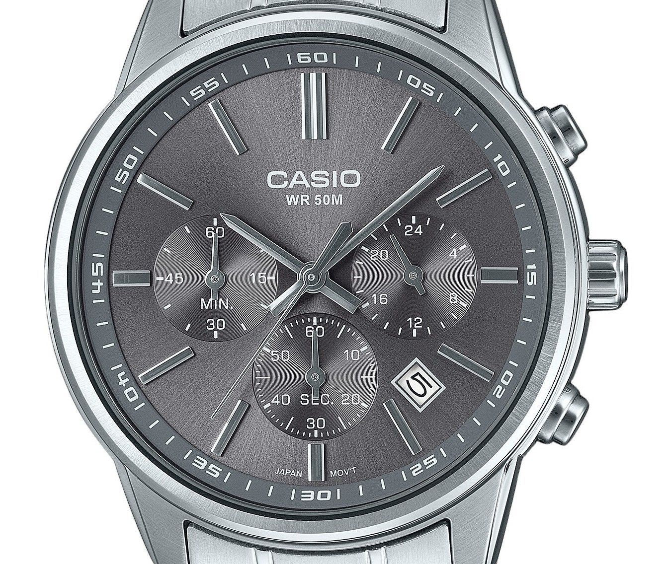 Casio Standard Analog Chronograph Edelstahl Graues Zifferblatt Quarz MTP-E515D-8AV Herrenuhr