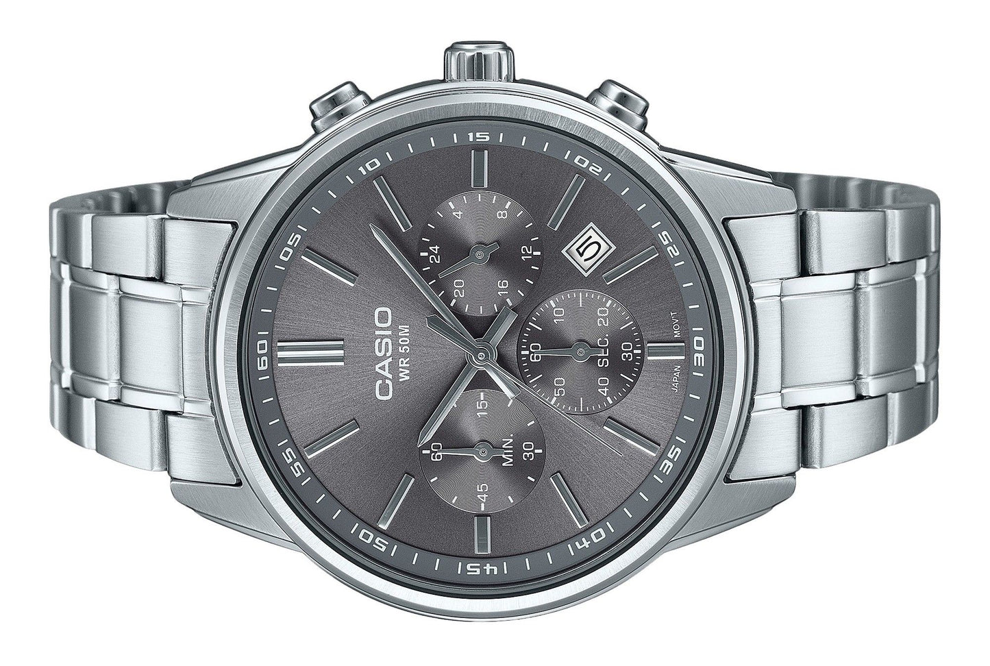 Casio Standard Analog Chronograph Edelstahl Graues Zifferblatt Quarz MTP-E515D-8AV Herrenuhr