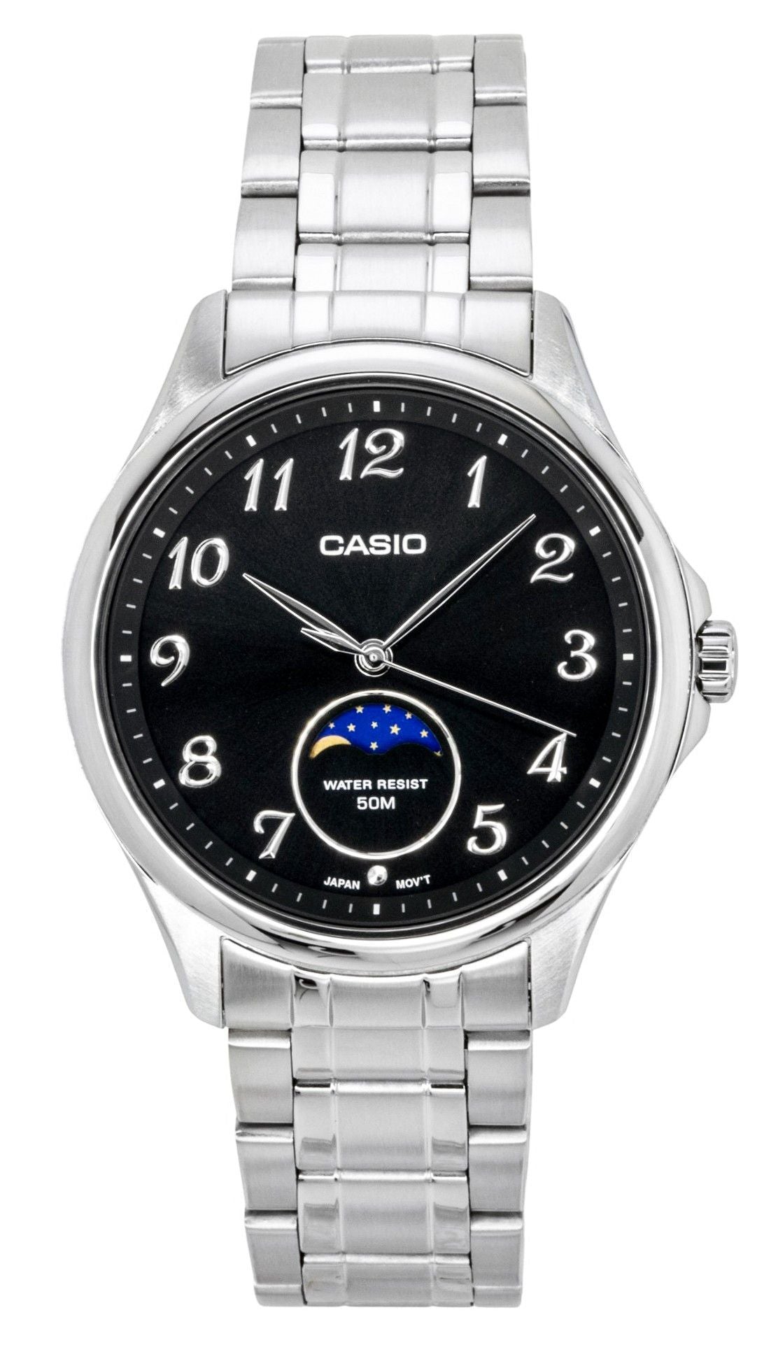 Casio Standard Analog Moon Phase Edelstahl Schwarzes Zifferblatt Quarz MTP-M110D-1AV Herrenuhr