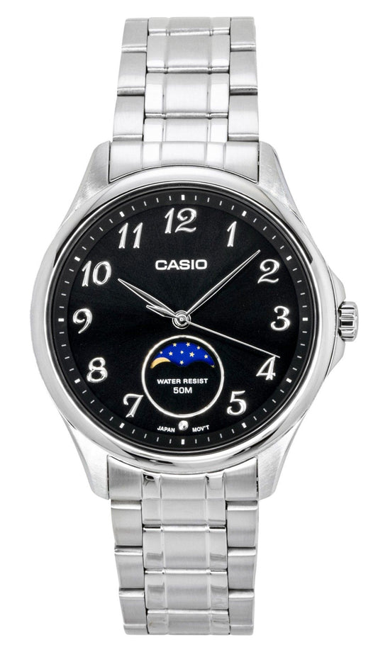 Casio Standard Analog Moon Phase Edelstahl Schwarzes Zifferblatt Quarz MTP-M110D-1AV Herrenuhr