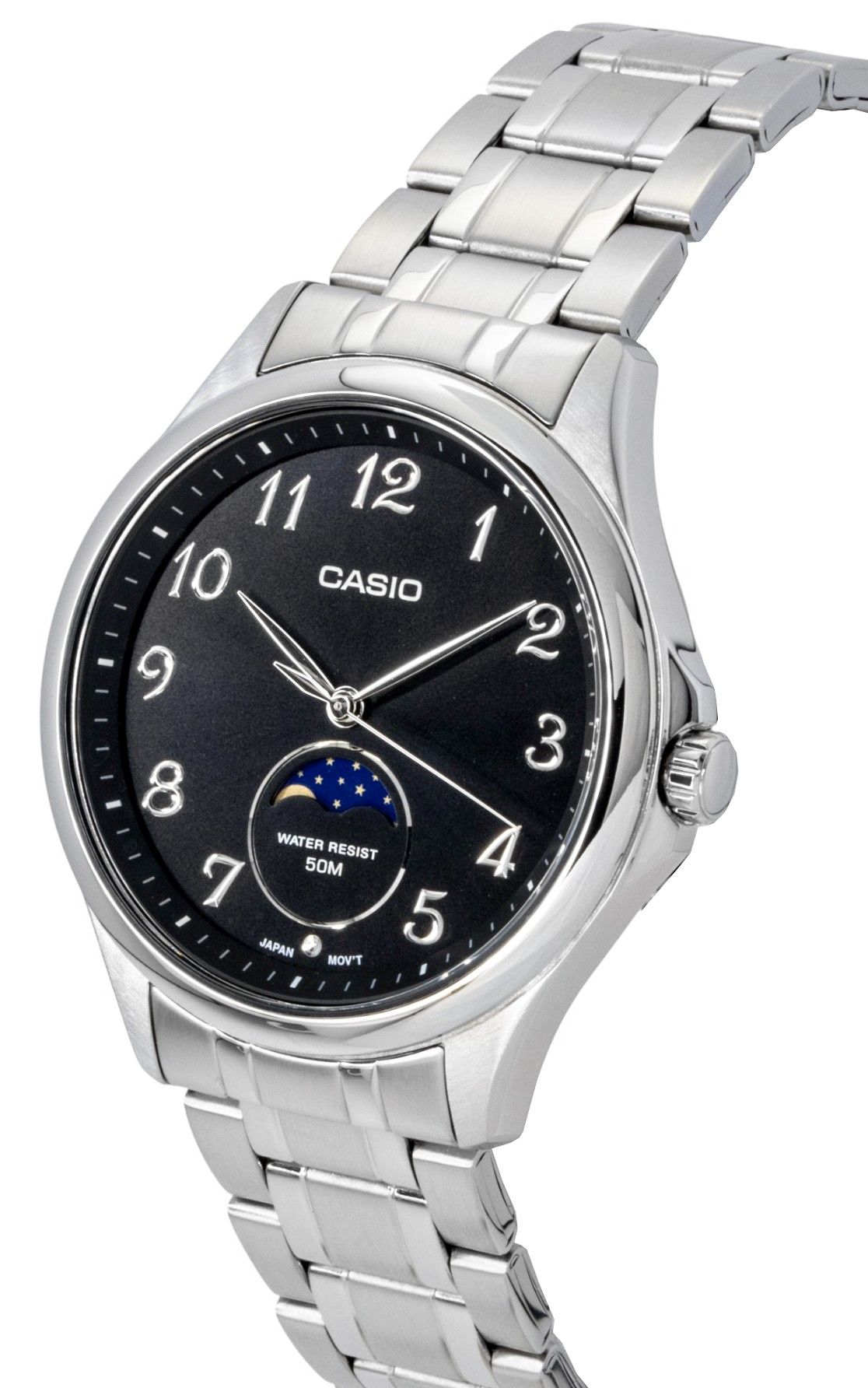 Casio Standard Analog Moon Phase Edelstahl Schwarzes Zifferblatt Quarz MTP-M110D-1AV Herrenuhr