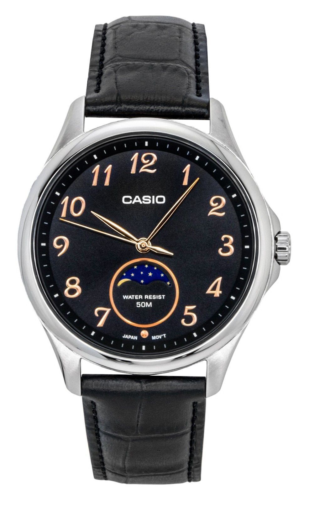 Casio Standard Analog Moon Phase Lederarmband Schwarzes Zifferblatt Quarz MTP-M110L-1AV Herrenuhr