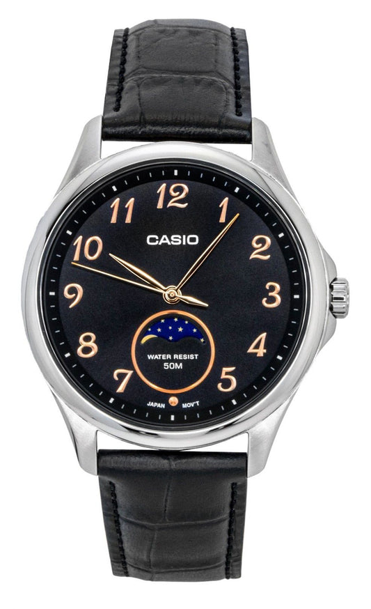 Casio Standard Analog Moon Phase Lederarmband Schwarzes Zifferblatt Quarz MTP-M110L-1AV Herrenuhr