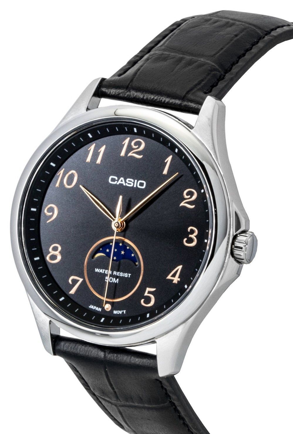 Casio Standard Analog Moon Phase Lederarmband Schwarzes Zifferblatt Quarz MTP-M110L-1AV Herrenuhr