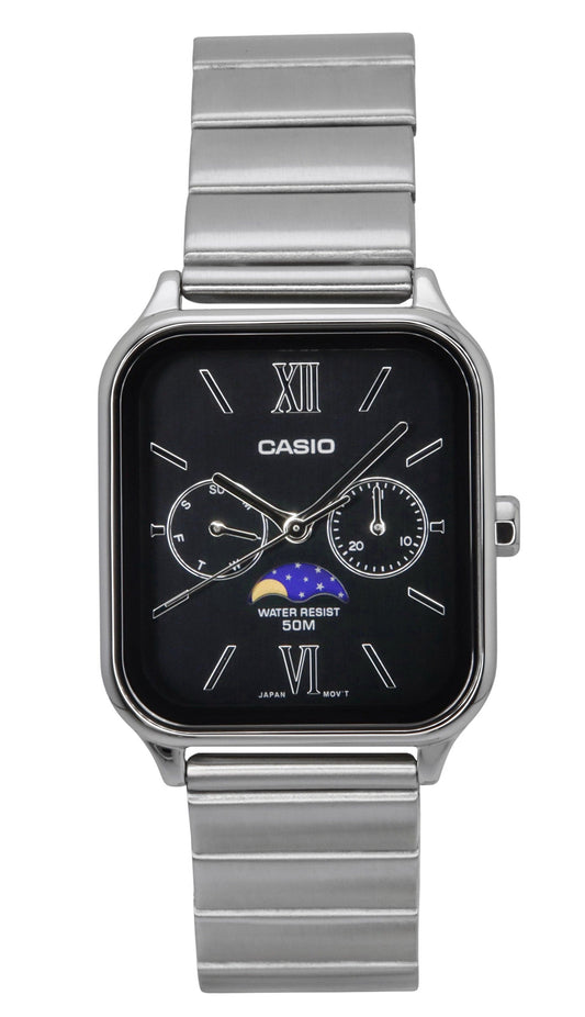Casio Standard Analog Moon Phase Edelstahl Schwarzes Zifferblatt Quarz MTP-M305D-1A2V Herrenuhr