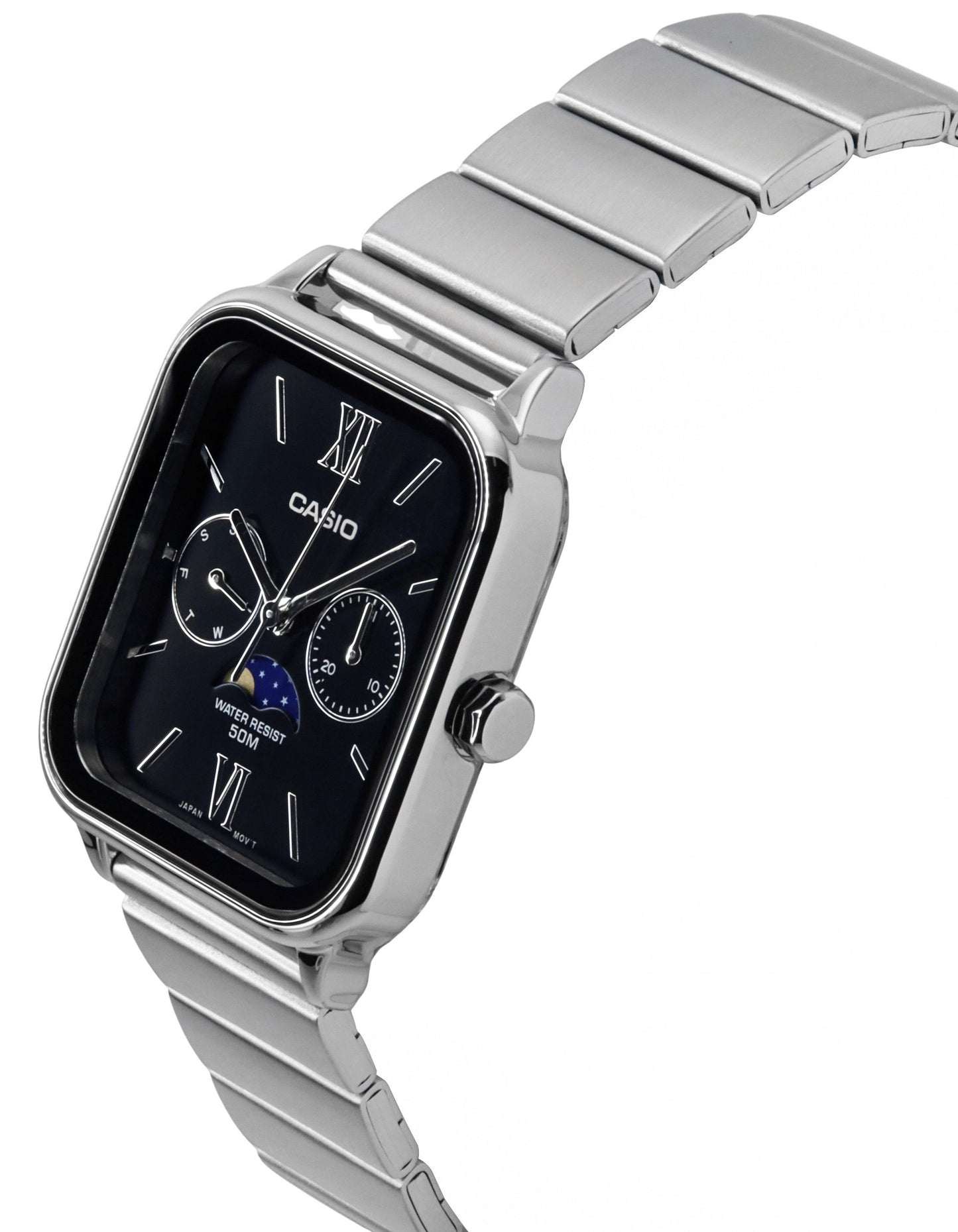 Casio Standard Analog Moon Phase Edelstahl Schwarzes Zifferblatt Quarz MTP-M305D-1A2V Herrenuhr