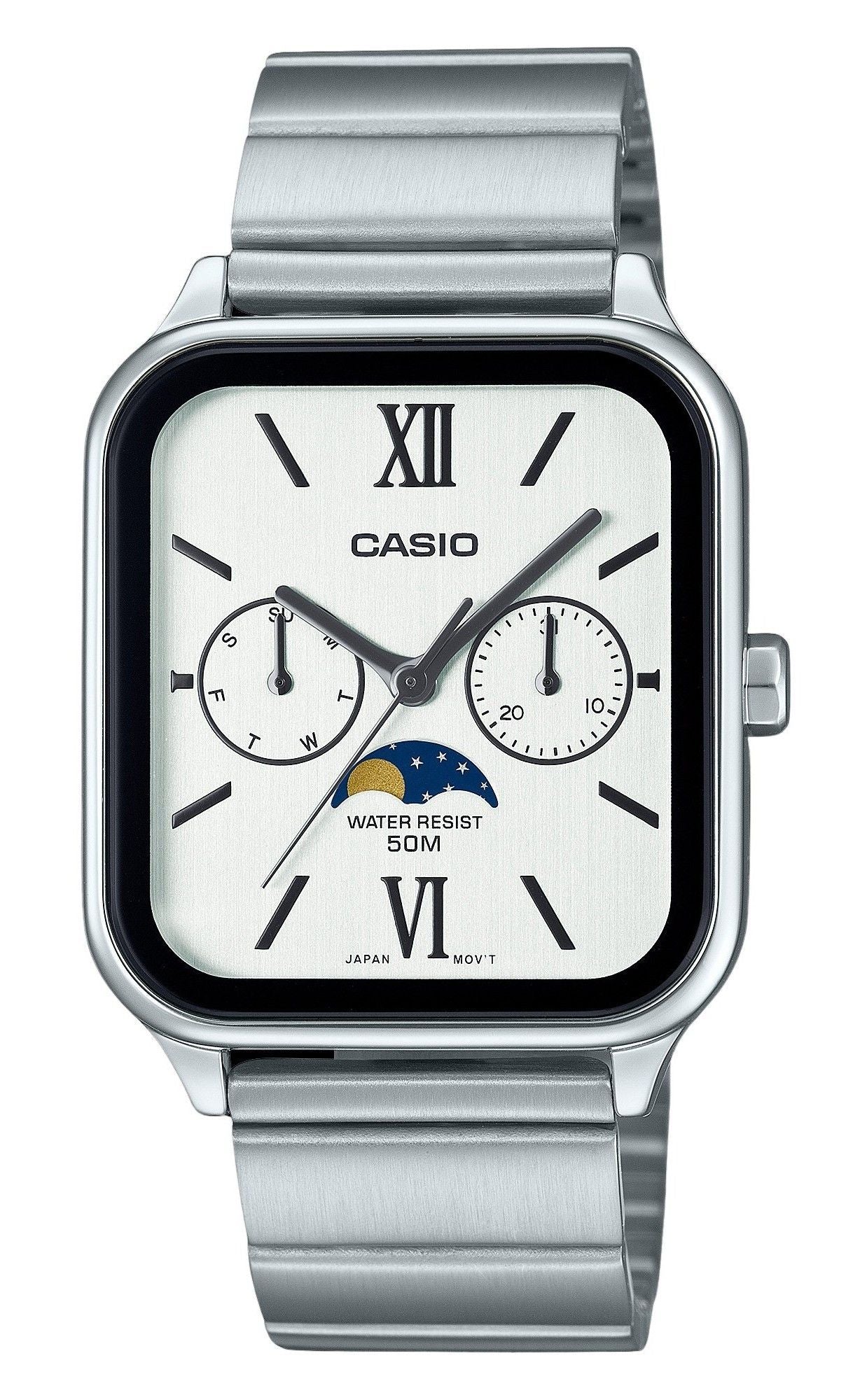 Casio Standard Analog Moon Phase Edelstahl White Dial Quarz MTP-M305D-7A2V Herrenuhr