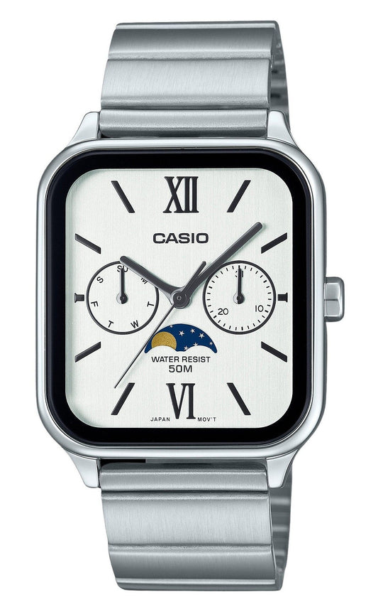 Casio Standard Analog Moon Phase Edelstahl White Dial Quarz MTP-M305D-7A2V Herrenuhr