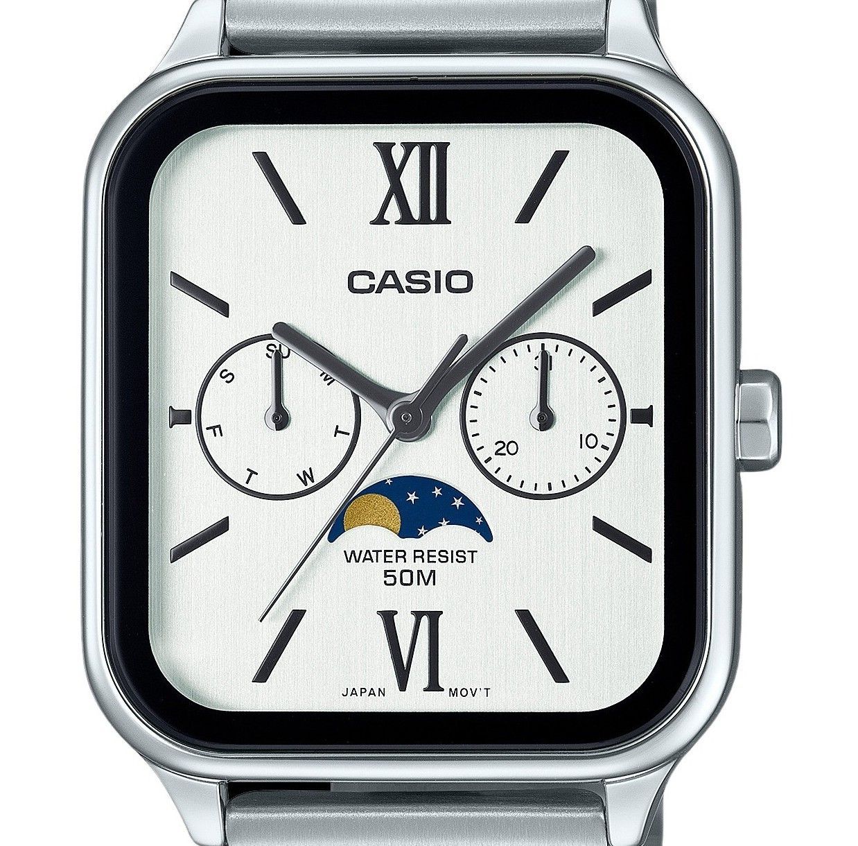 Casio Standard Analog Moon Phase Edelstahl White Dial Quarz MTP-M305D-7A2V Herrenuhr