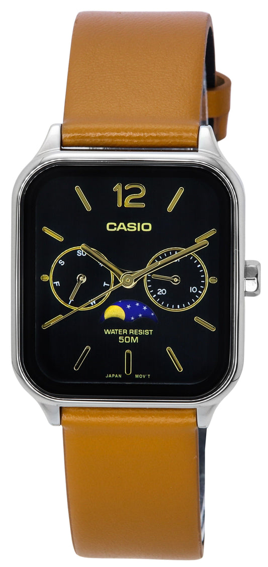 Casio Standard Analog Moon Phase Lederarmband Schwarzes Zifferblatt Quarz MTP-M305L-1A Herrenuhr
