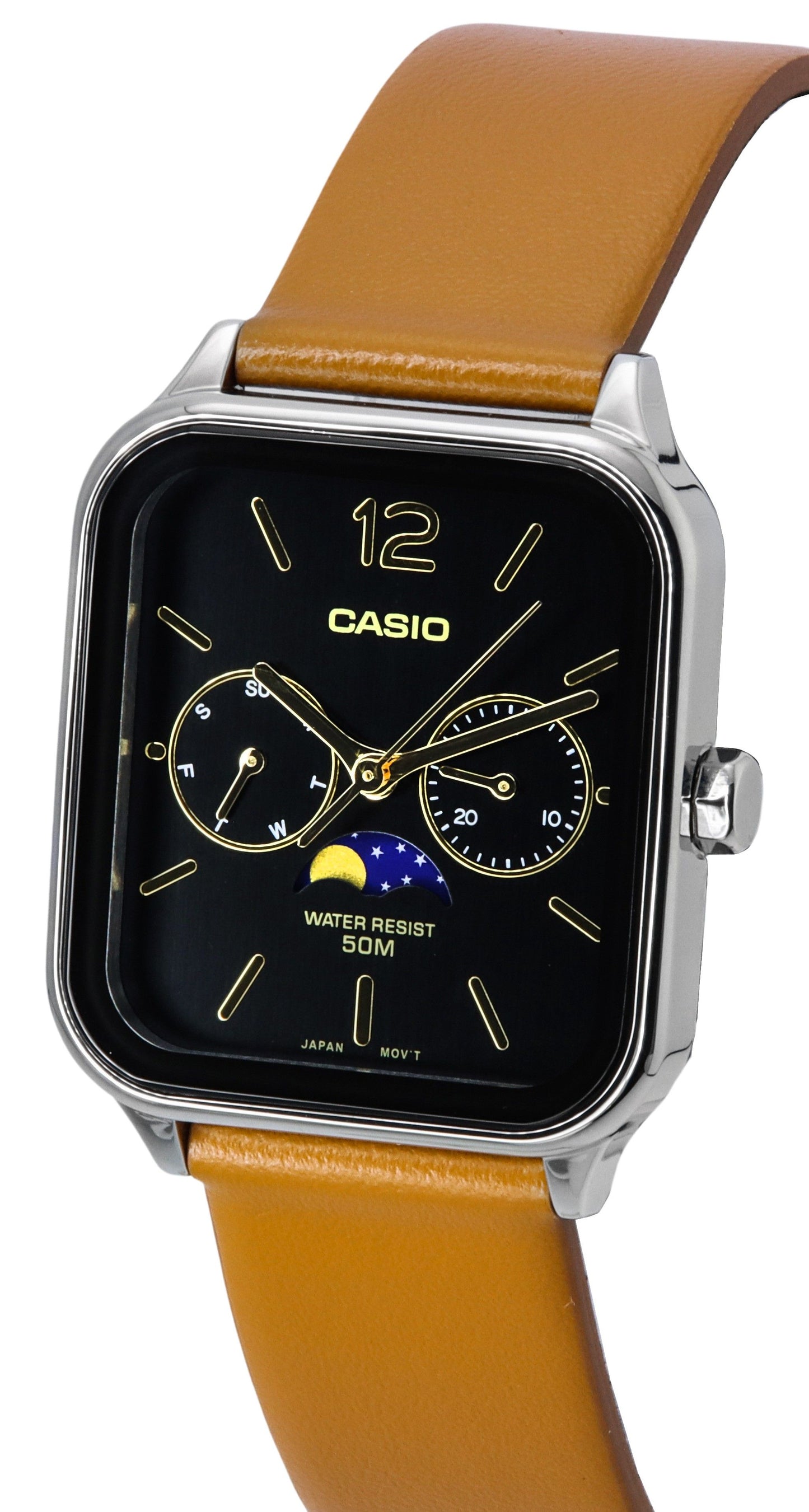 Casio Standard Analog Moon Phase Lederarmband Schwarzes Zifferblatt Quarz MTP-M305L-1A Herrenuhr