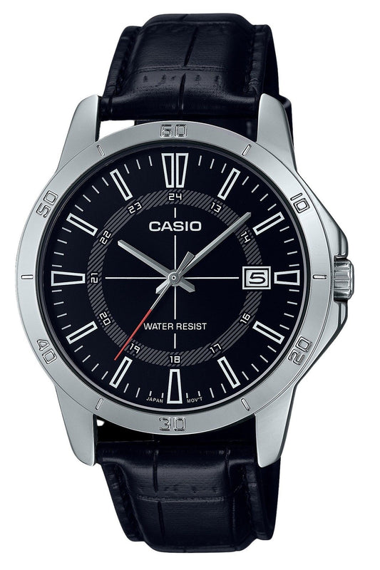 Casio Standard Analog Lederarmband Schwarzes Zifferblatt Quarz MTP-V004L-1C Herrenuhr