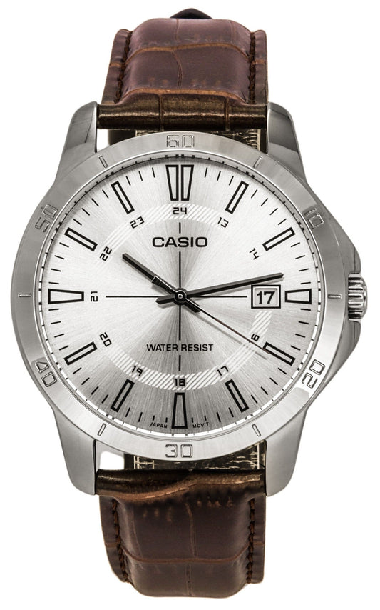 Casio Standard Analog Brown Lederarmband Silberfarbenes Zifferblatt Quarz MTP-V004L-7C Herrenuhr