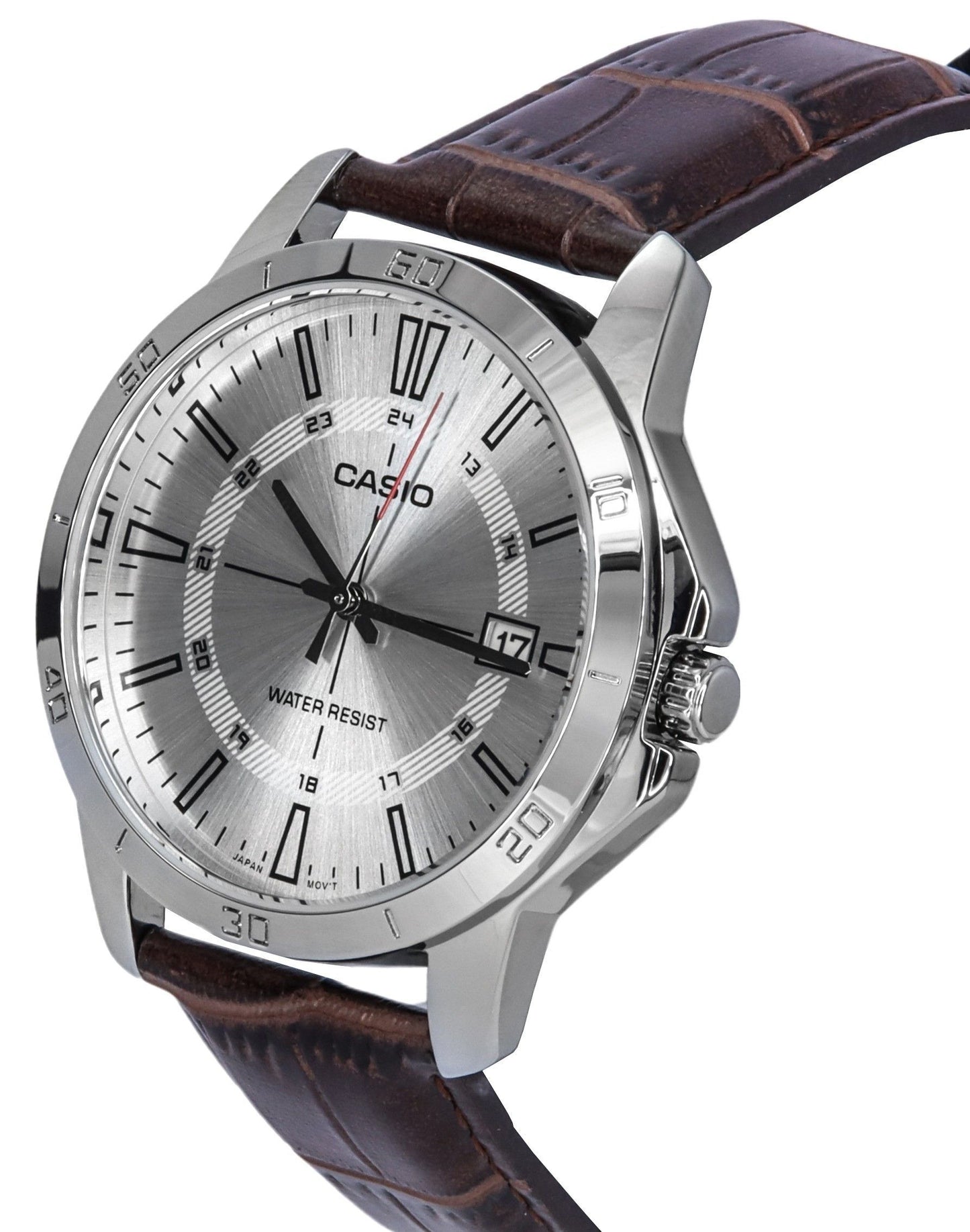 Casio Standard Analog Brown Lederarmband Silberfarbenes Zifferblatt Quarz MTP-V004L-7C Herrenuhr