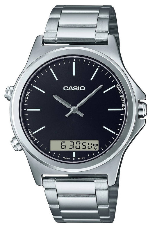 Casio Analog Digital Schwarzes Zifferblatt Edelstahl MTP-VC01D-1E MTPVC01D-1 Herrenuhr