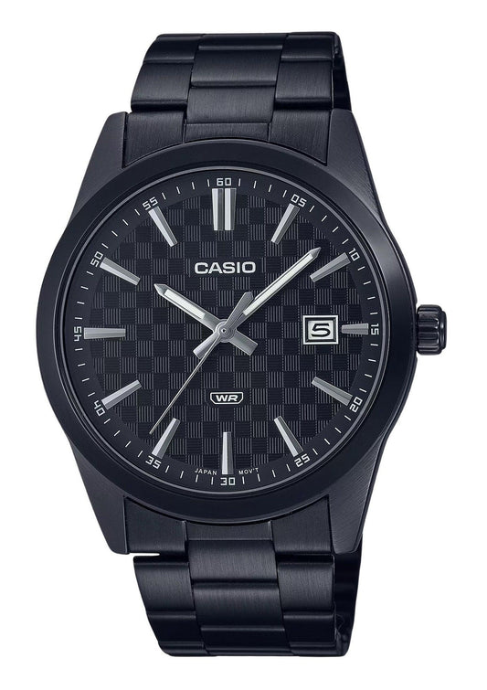 Casio Standard Analog Black Ion Plated Edelstahl Schwarzes Zifferblatt Quarz MTP-VD03B-1A Herrenuhr