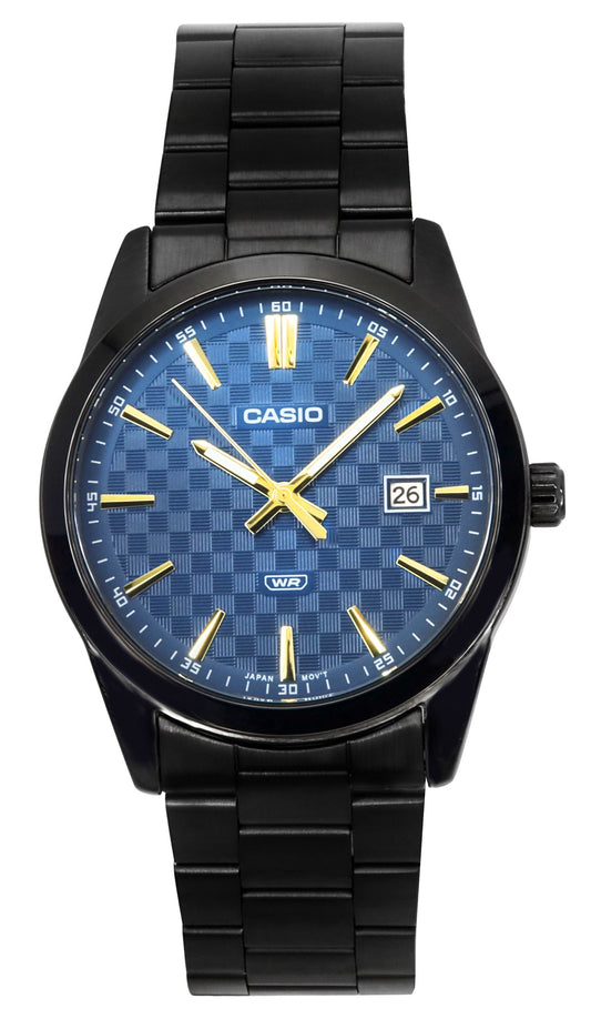 Casio Standard Analog Black Ion Plated Edelstahl Blaues Zifferblatt Quarz MTP-VD03B-2A Herrenuhr