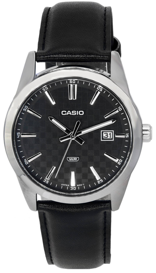 Casio Analog Lederarmband Schwarzes Zifferblatt Quarz MTP-VD03L-1A MTPVD03L-1 Herrenuhr
