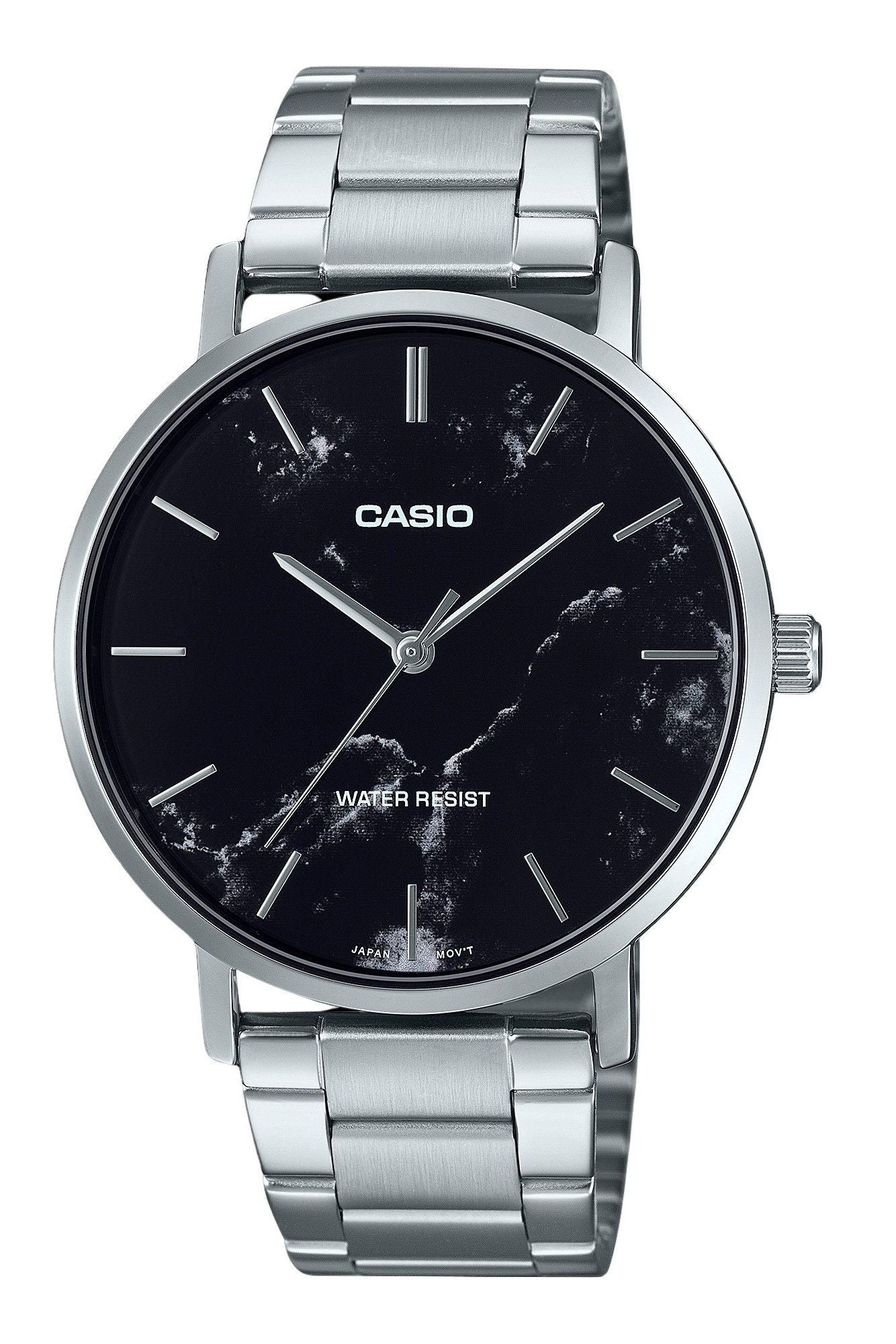 Casio Standard Analog Edelstahl Marble Inspired Schwarzes Zifferblatt Quarz MTP-VT01DM-1A Herrenuhr