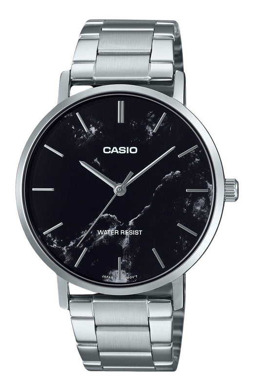 Casio Standard Analog Edelstahl Marble Inspired Schwarzes Zifferblatt Quarz MTP-VT01DM-1A Herrenuhr
