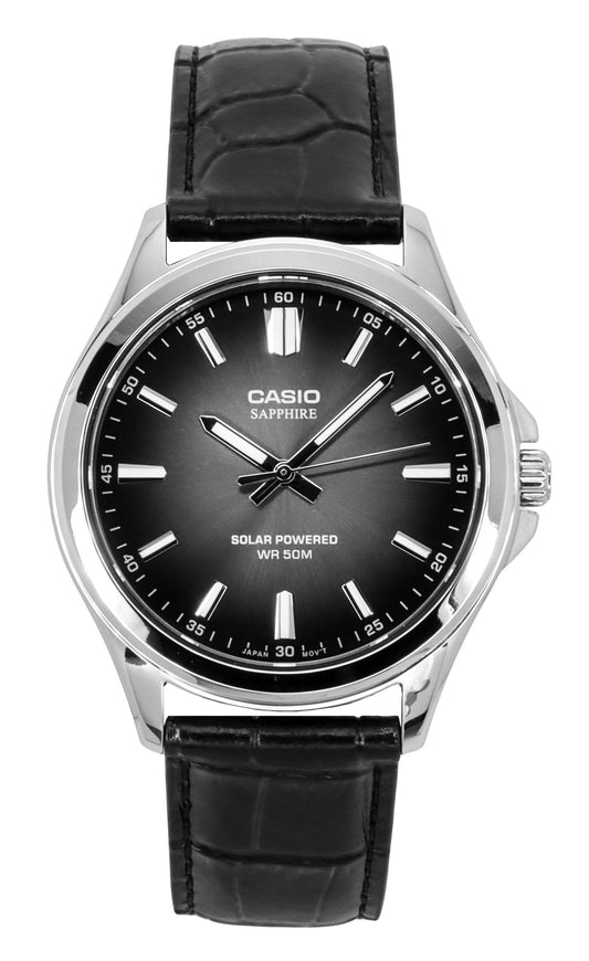 Casio Standard Analog Lederarmband Schwarzes Zifferblatt Solar MTS-RS100L-1AV Herrenuhr