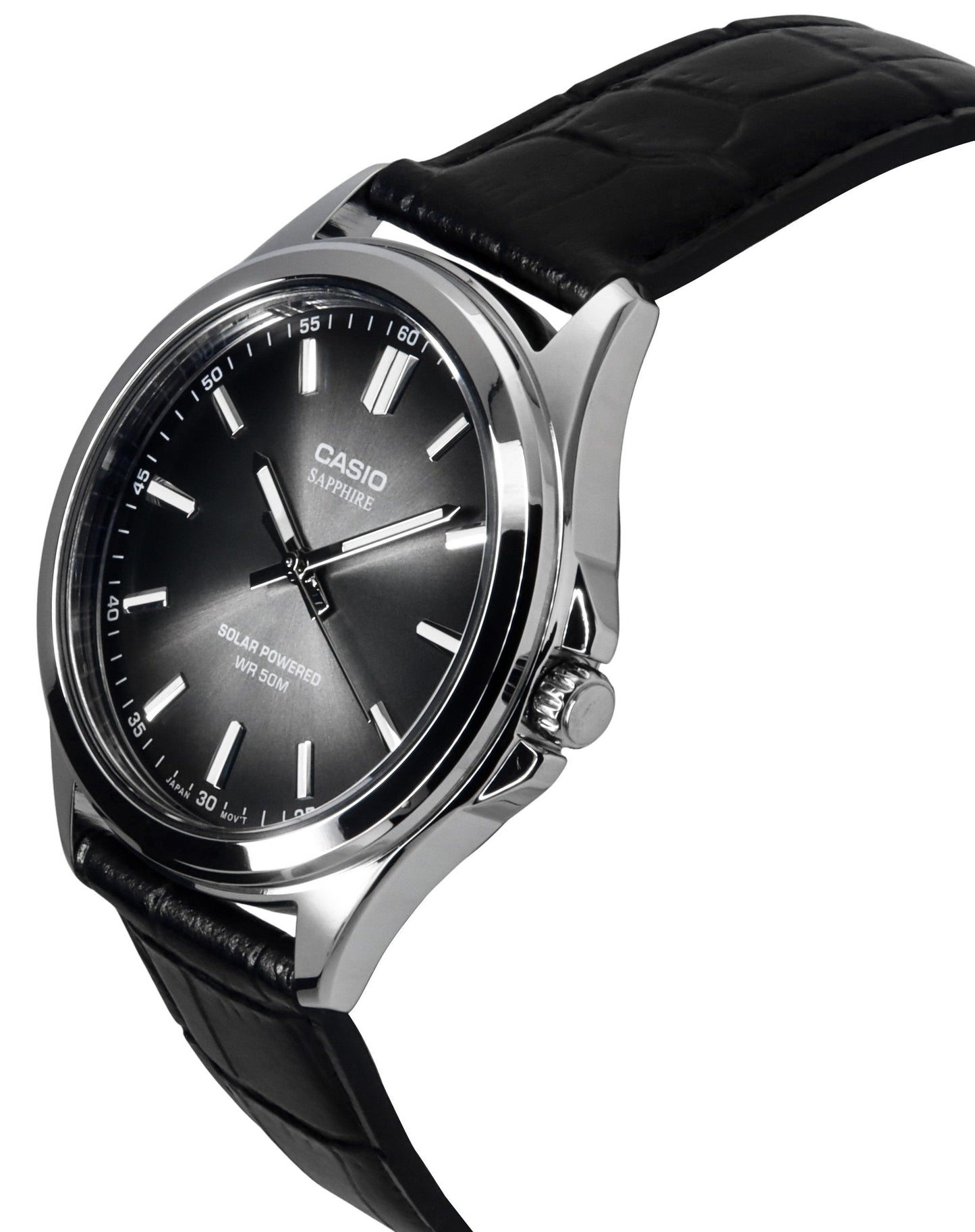 Casio Standard Analog Lederarmband Schwarzes Zifferblatt Solar MTS-RS100L-1AV Herrenuhr