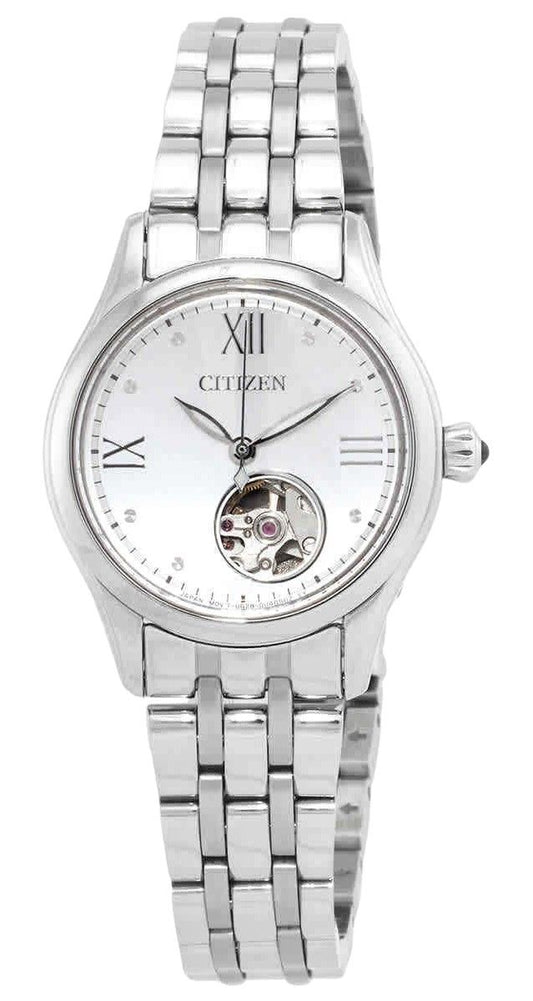 Citizen Luna Edelstahl Open Heart Silberfarbenes Zifferblatt Automatik PR1040-88A Damenuhr