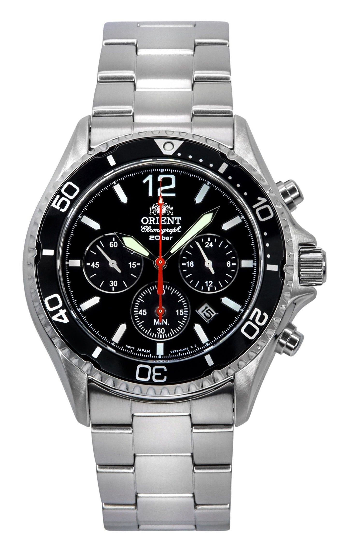 Orient Chronograph Edelstahl Schwarzes Zifferblatt Solar Taucher RA-TX0202B10B 200M Herrenuhr