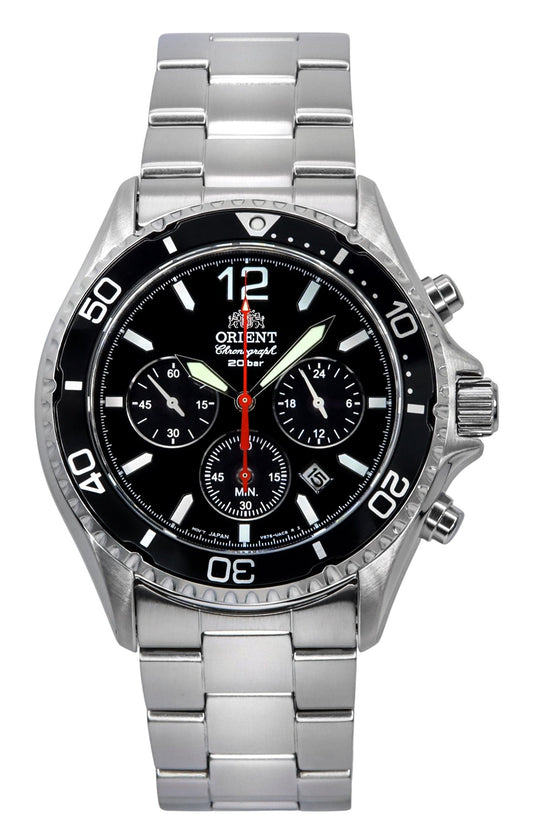 Orient Chronograph Edelstahl Schwarzes Zifferblatt Solar Taucher RA-TX0202B10B 200M Herrenuhr