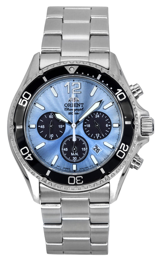 Orient Sports Chronograph Edelstahl Sky Blaues Zifferblatt Quarz Taucher RA-TX0206L 200M Herrenuhr